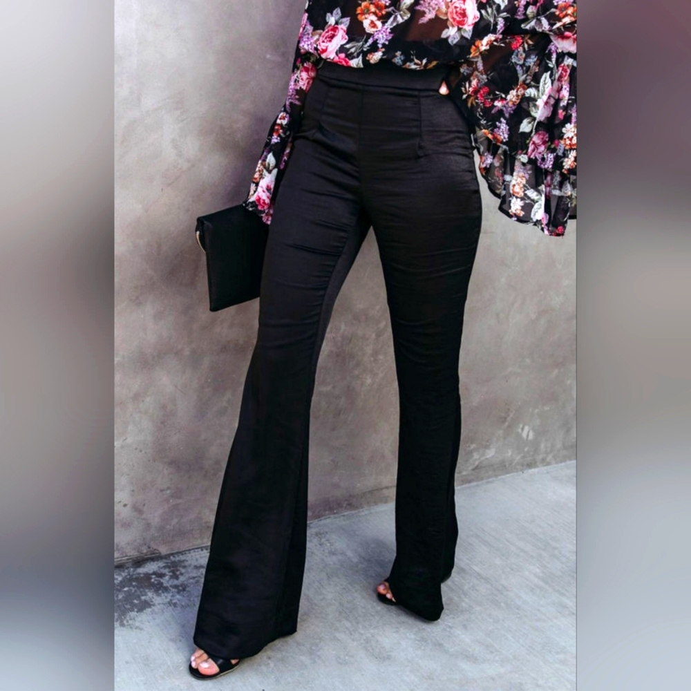 Black satin flared tailored pants